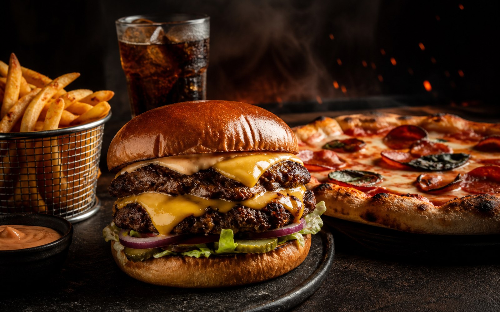 Hamburguesa doble, pizza artesanal, papas y bebida de DOBLE HUMO